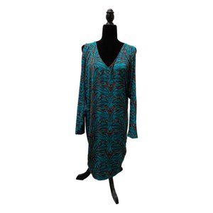 Moda International Cold Shoulder Teal and Brown Dress, Large, Pre-Owned